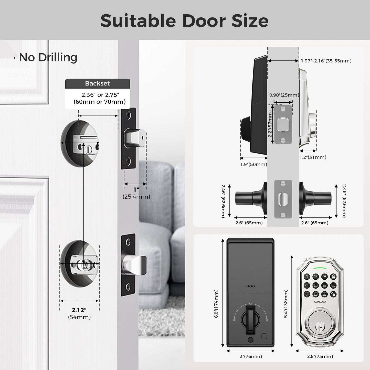 Keyless Entry Door Lock with Handle, App Control Front Door Lock Set with Keypad and Auto Lock