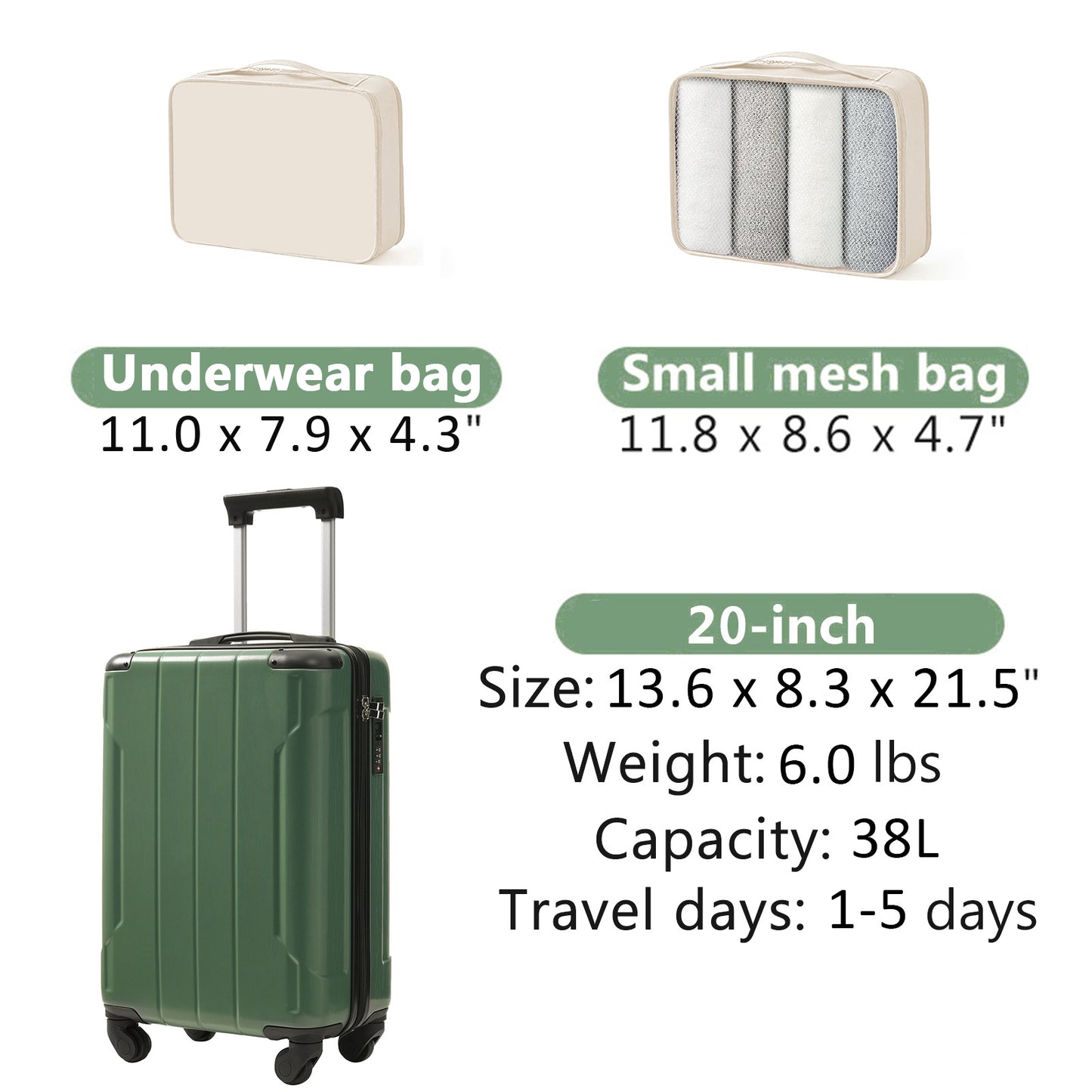 20-Inch Hardshell Carry-On Luggage with TSA Lock & Packing Cubes - Blackish Green