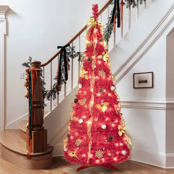 6FT Red Pop-Up Christmas Tree with 150 LED Lights & Ornaments