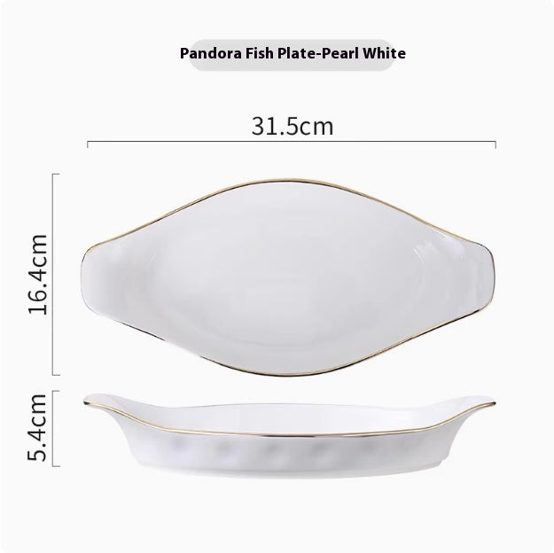 Cream Style Household Fish Platter - Long Porcelain Dinner Plate for Kitchen