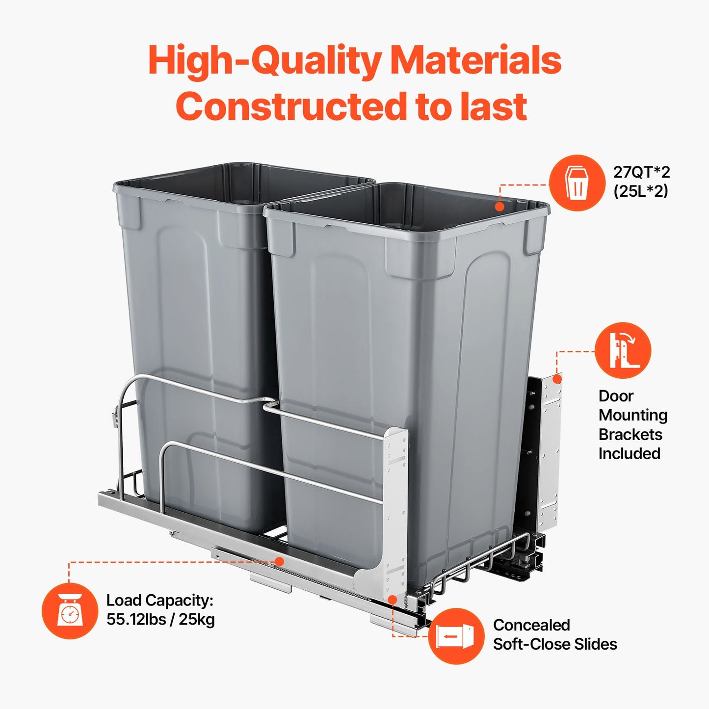 27QT Double Pull-Out Kitchen Trash Can with Soft Close - Grey