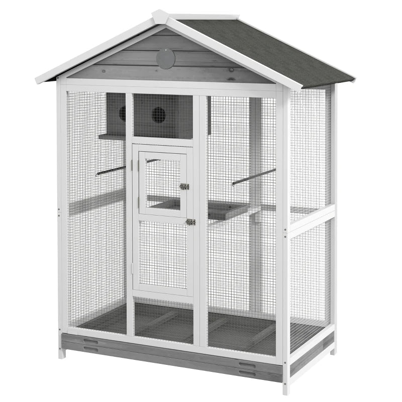 Wooden Bird Cage Aviary with Perches Nest and Slide-Out Tray - Indoor Outdoor Gray