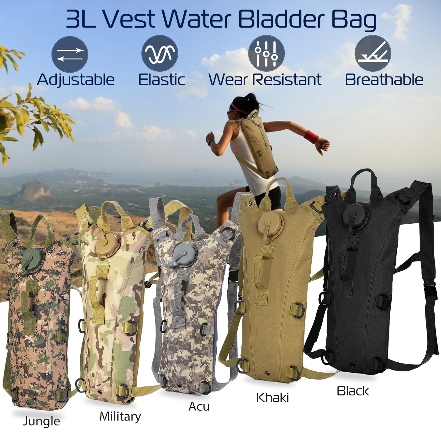 3L Tactical Hydration Pack - Adjustable Water Backpack for Hiking & Cycling