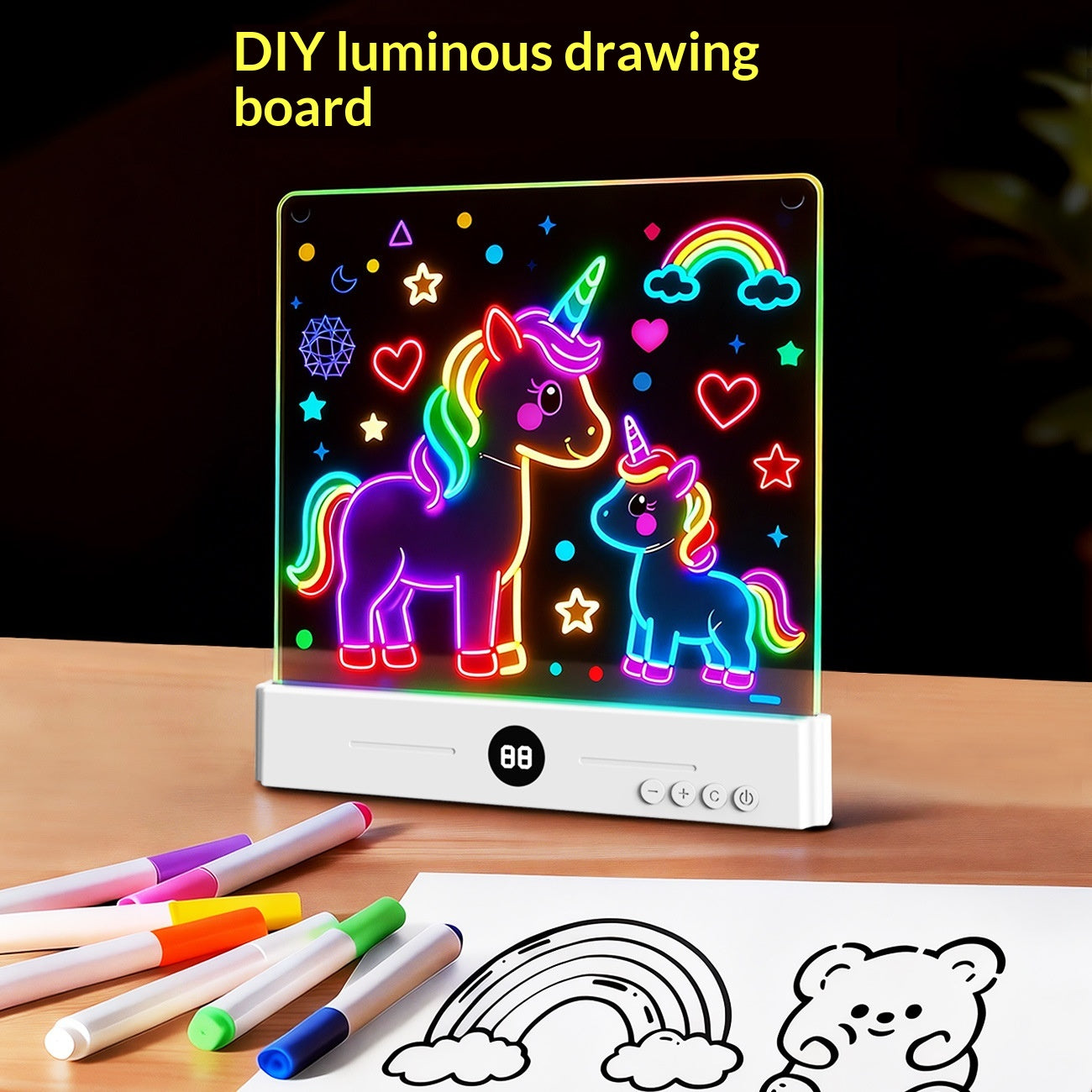 Kids Glow Drawing Board Rewritable Erasable Art Toy with Pens & Accessories