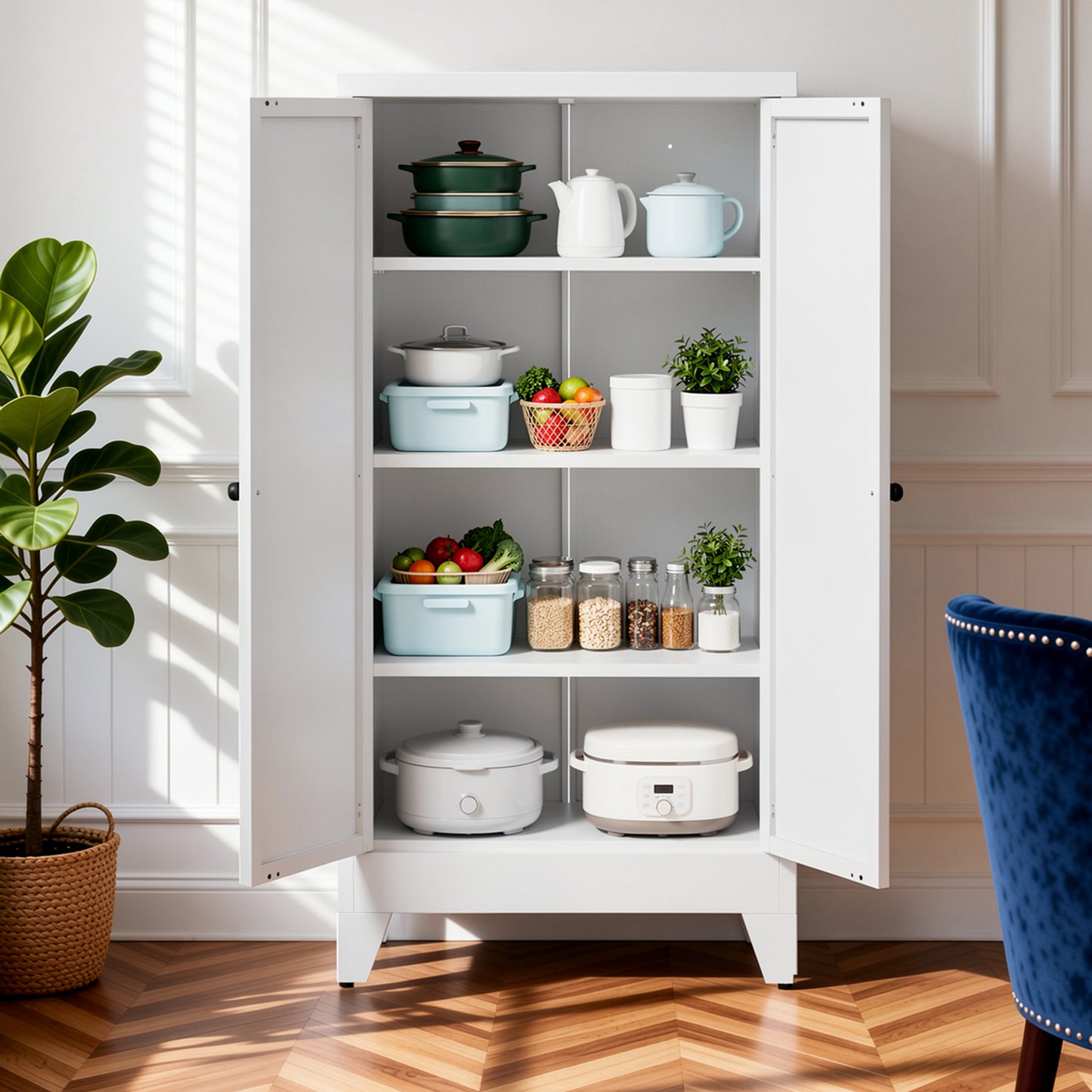 47.3" White Metal Kitchen Pantry Cabinet - Adjustable Storage with 3 Shelves