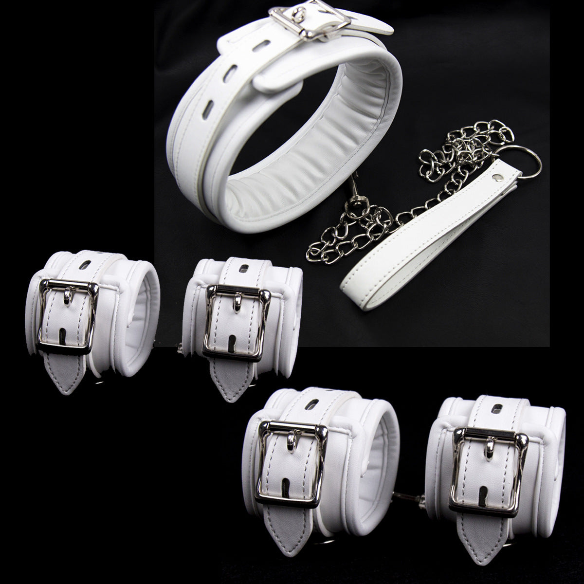 White Bondage Ankle and Wrist Cuffs Set - Spongy PU Restraints for Adult Play