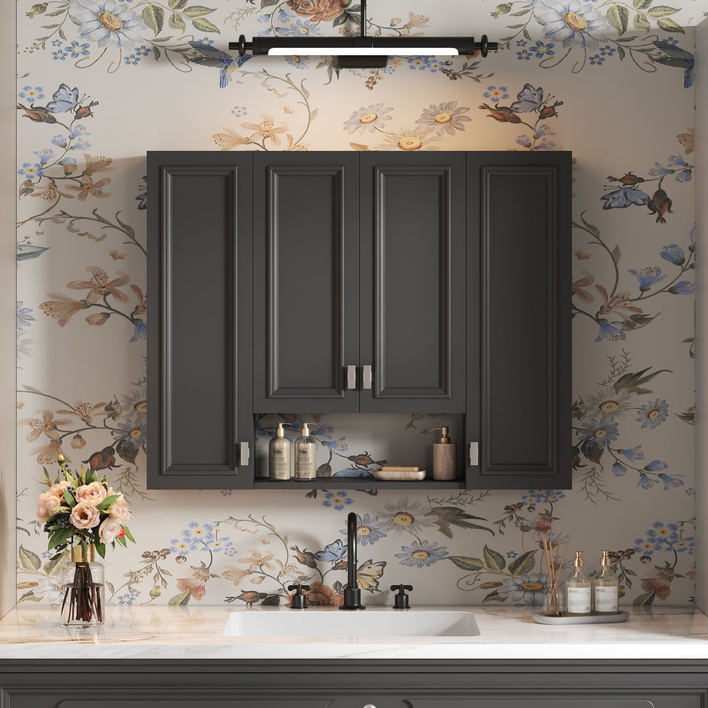 Modern Wall-Mounted Bathroom Cabinet with 5 Adjustable Shelves - Black