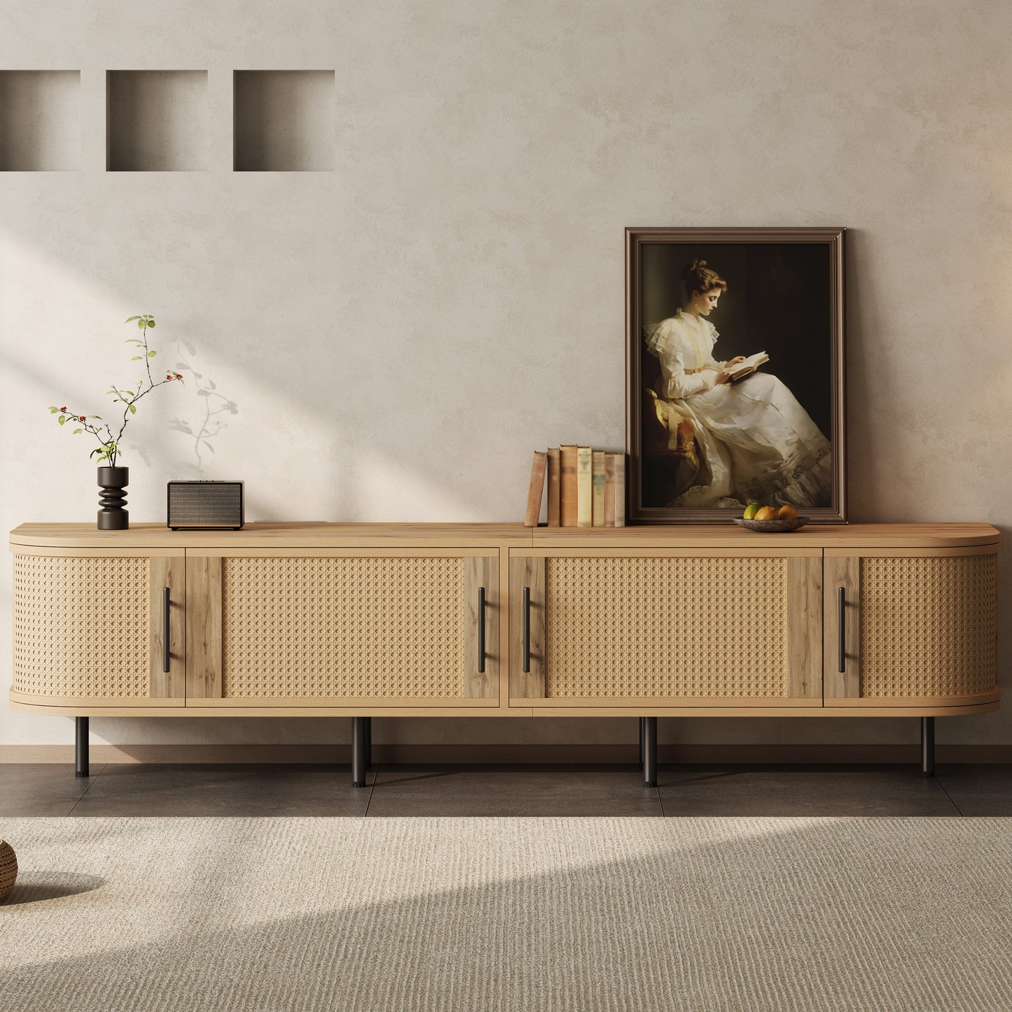 70-Inch Modern TV Stand with Rattan Doors for 80-Inch TVs