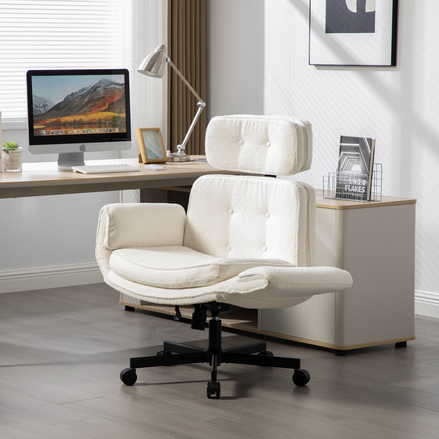 Lounge Desk Chair with Adjustable Armrests & Wheels - Ivory