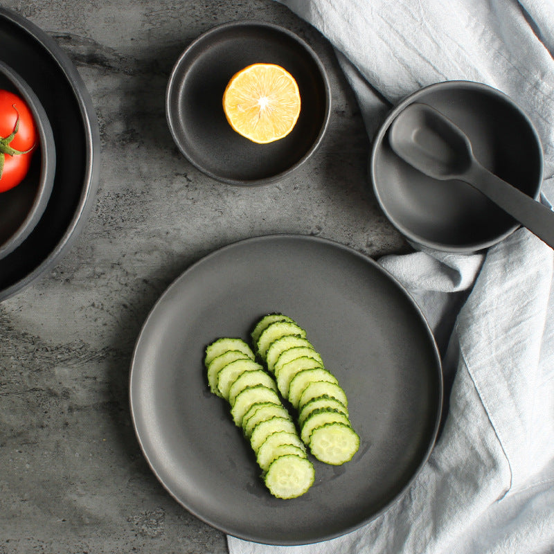 Deep Ceramic Rice & Noodle Bowl Set with Flat Plate & Shallow Platter