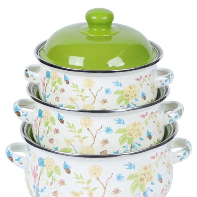 Double-Handled Enameled Noodle Bowl with Lid & Heat-Resistant Oil Can - Multi-Color Set