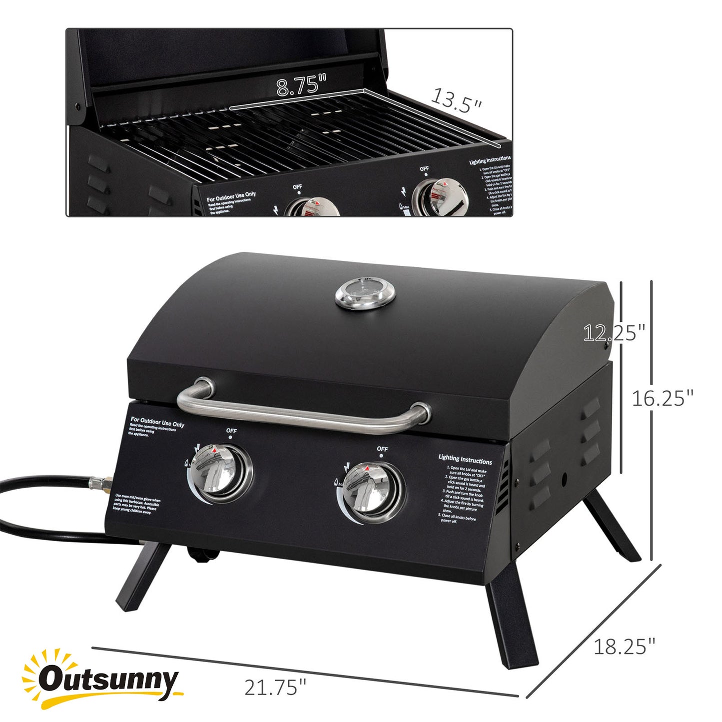 Portable Charcoal BBQ Grill with 2 Burners, Thermometer & Ashtray
