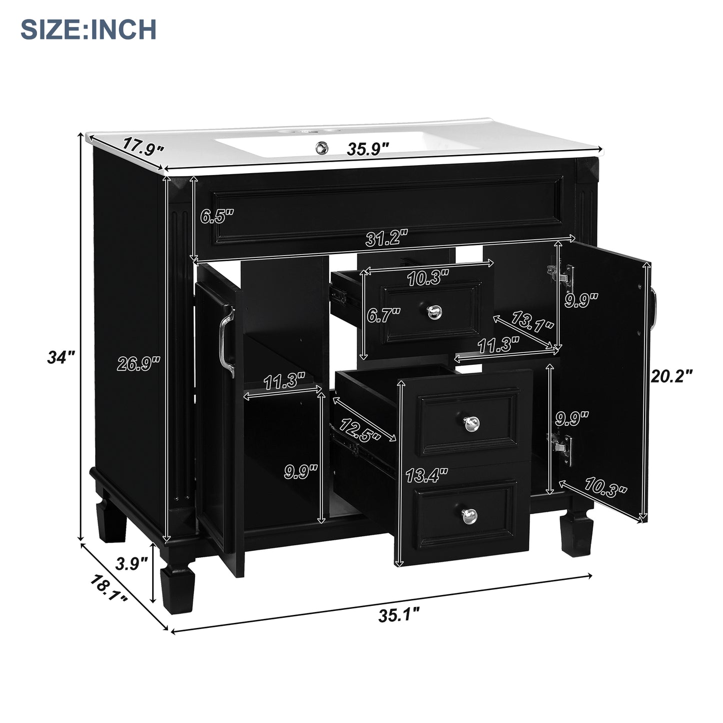 36'' Modern Bathroom Vanity with Black Mirror Cabinet & Sink