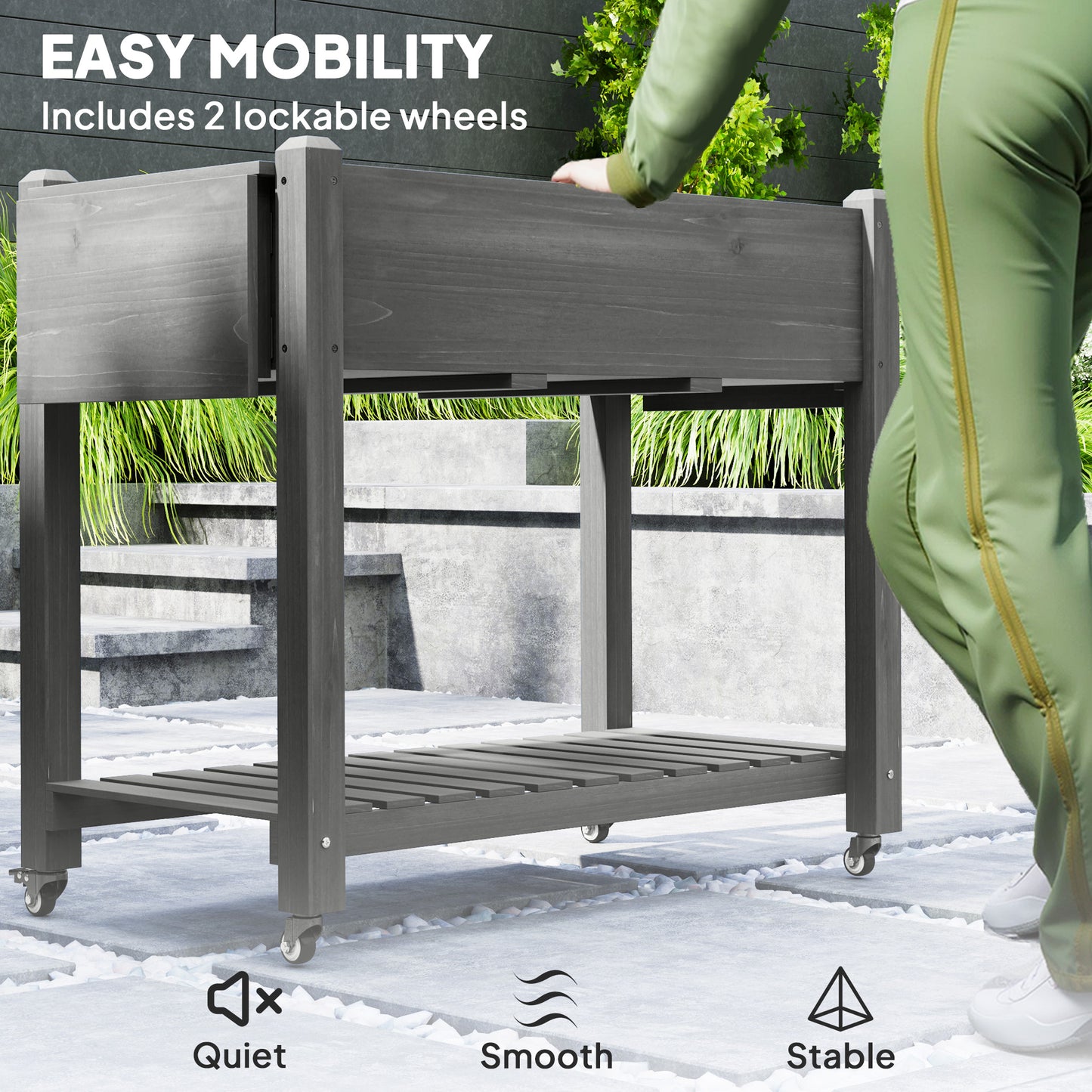 Wood Raised Garden Bed with Lockable Wheels and Storage - Gray