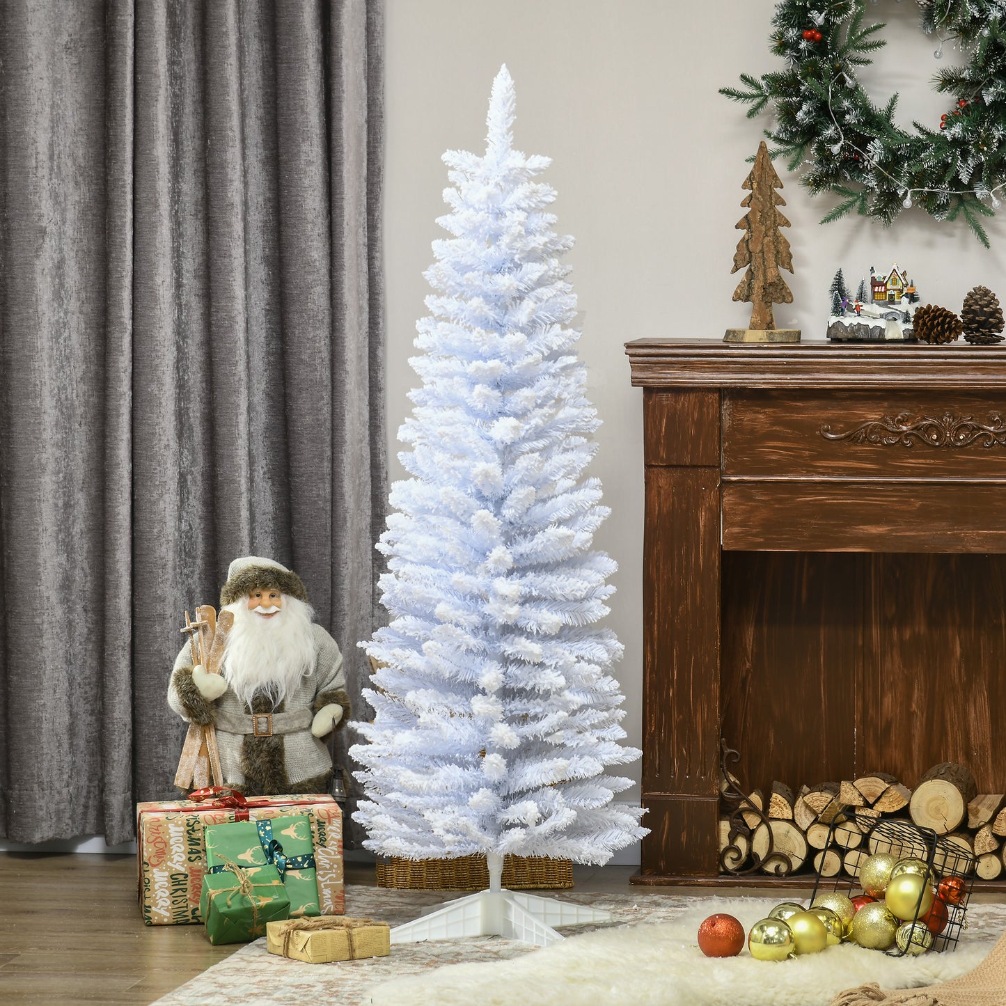 Snow Flocked Artificial Christmas Tree - Pencil Shape, White