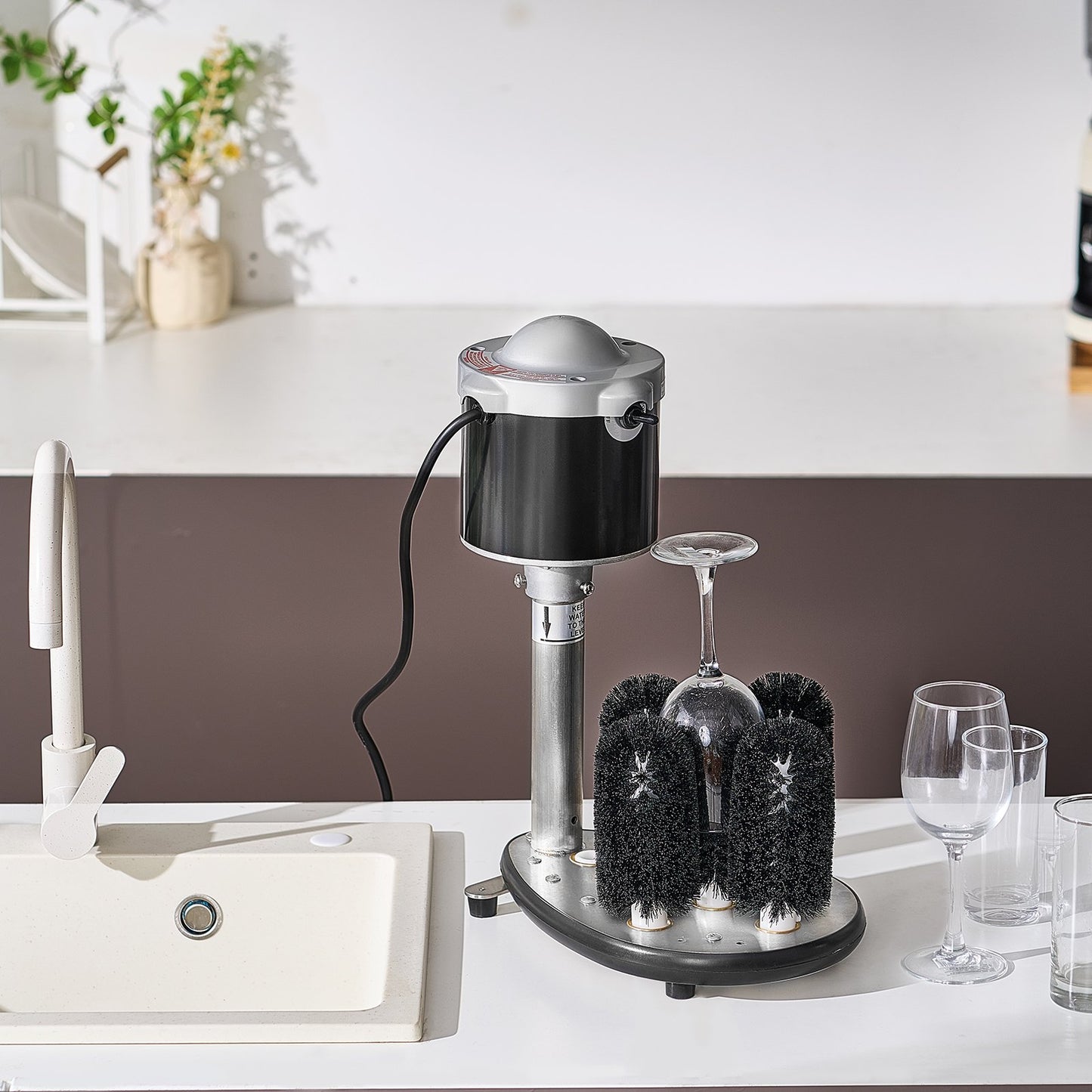 Electric Glass Washer 600 Cups/H 5-Brush Bar Glass Cleaner for Wine & Crystal Glasses