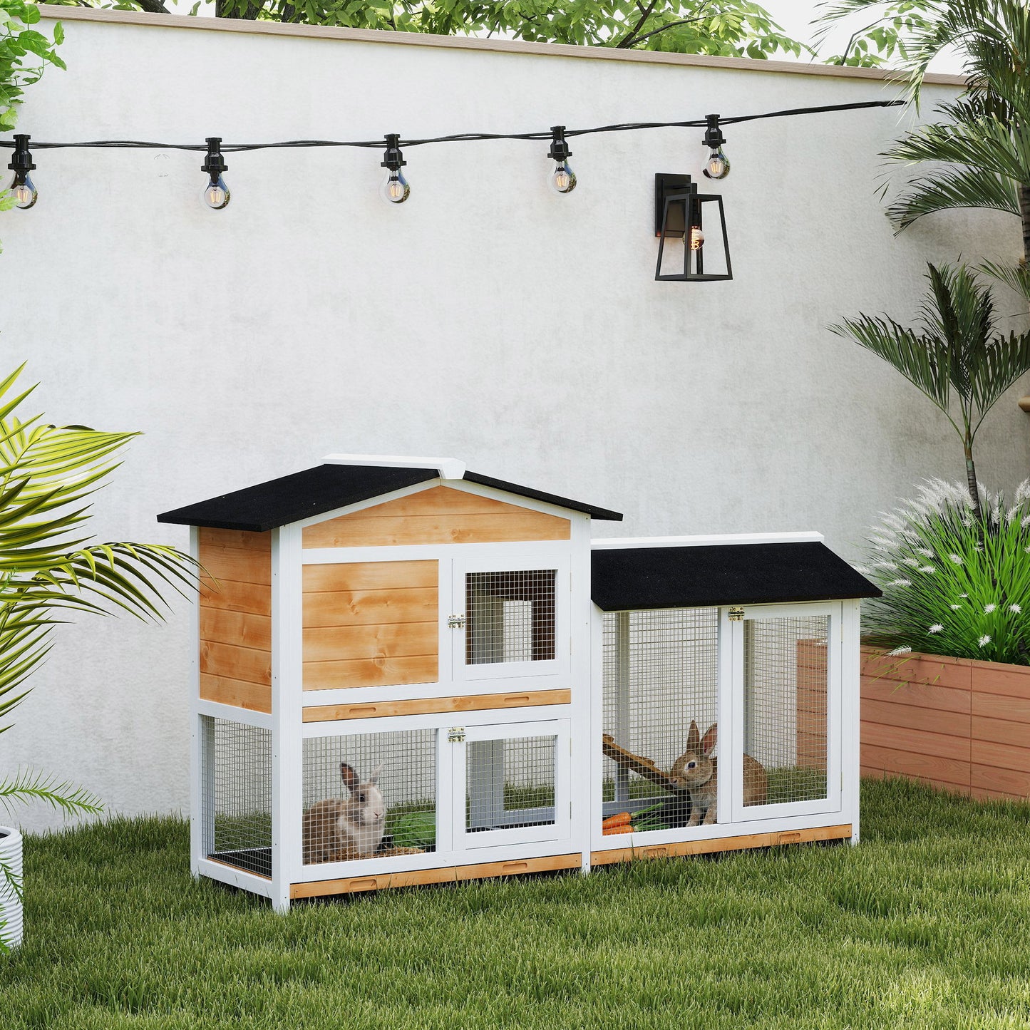 62-Inch Wooden Rabbit Hutch with Run Area, Removable Tray, Lockable Doors