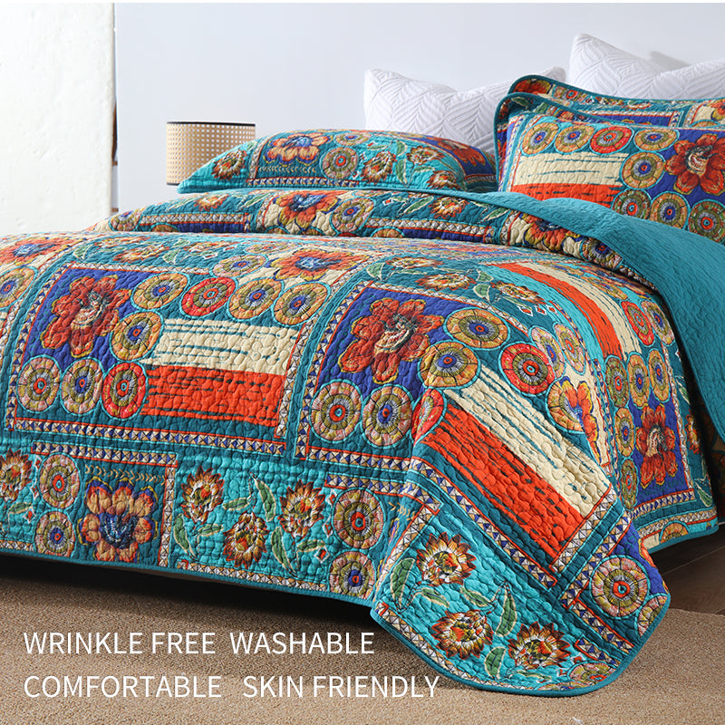 Full Queen & King Reversible Cotton Bedspread Set with Bohemian Patchwork Design