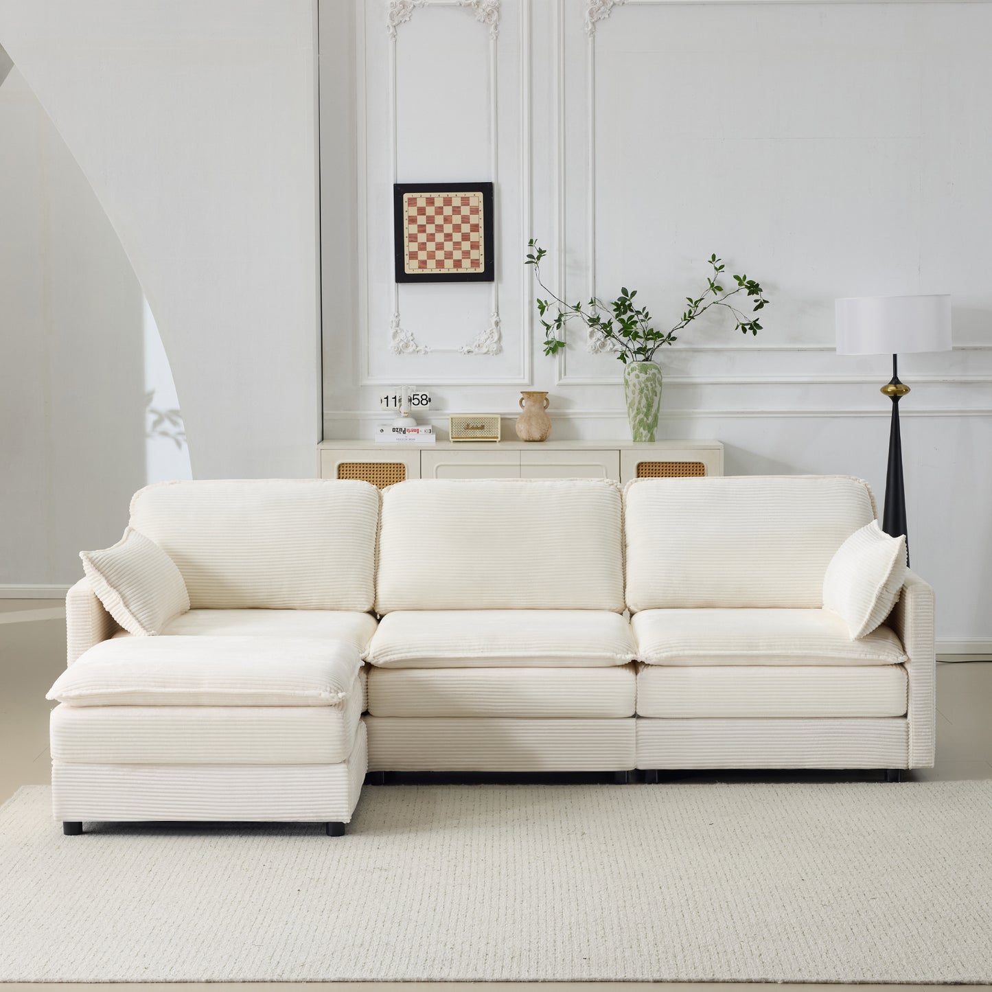 104" Plush Cloud Modular 3 Seater Sofa with Ottoman & Cushions - Beige