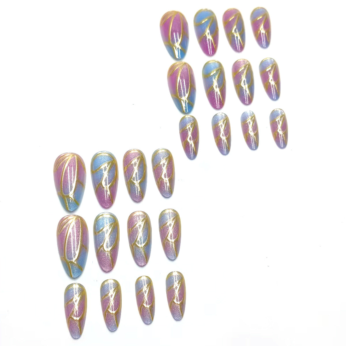 Almond-Shaped Wearable Nail Art Kit - 3D Gold Cat Eye Style