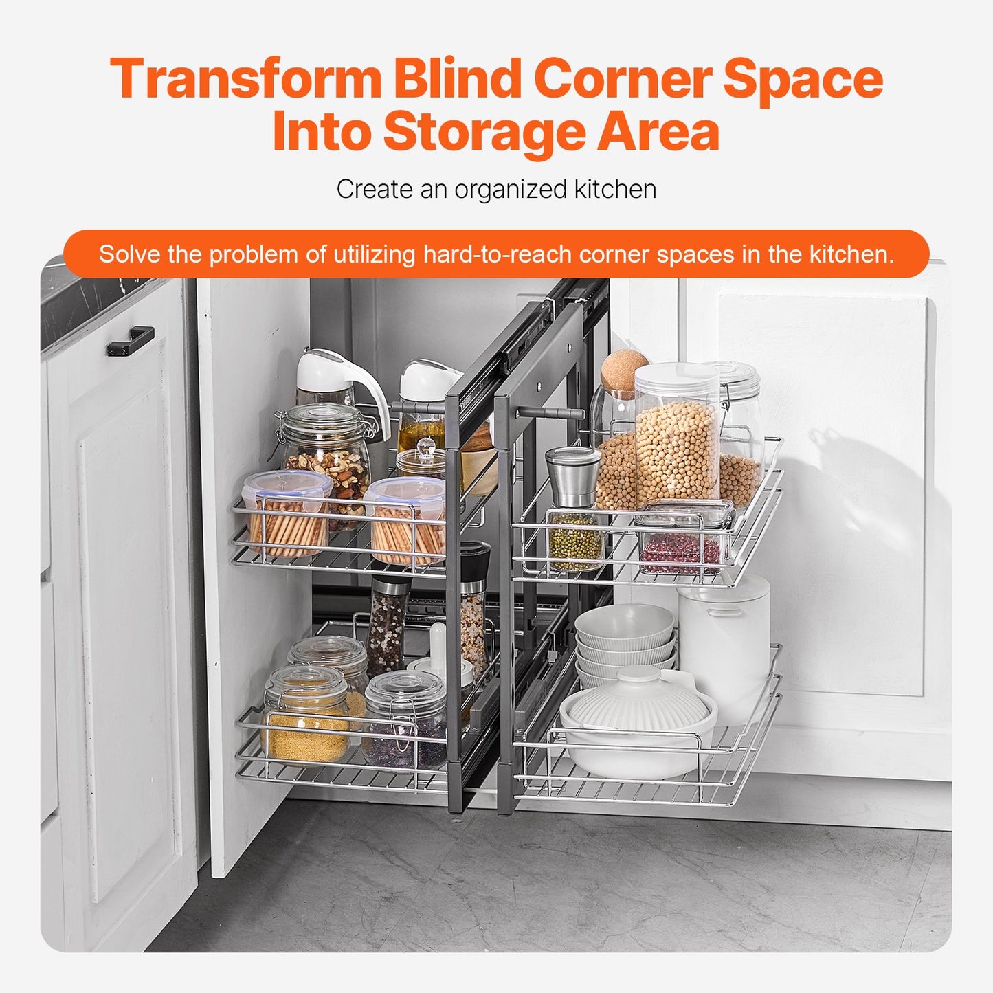 Blind Corner Pull-Out Organizer - 2 Tier Chrome Kitchen Basket