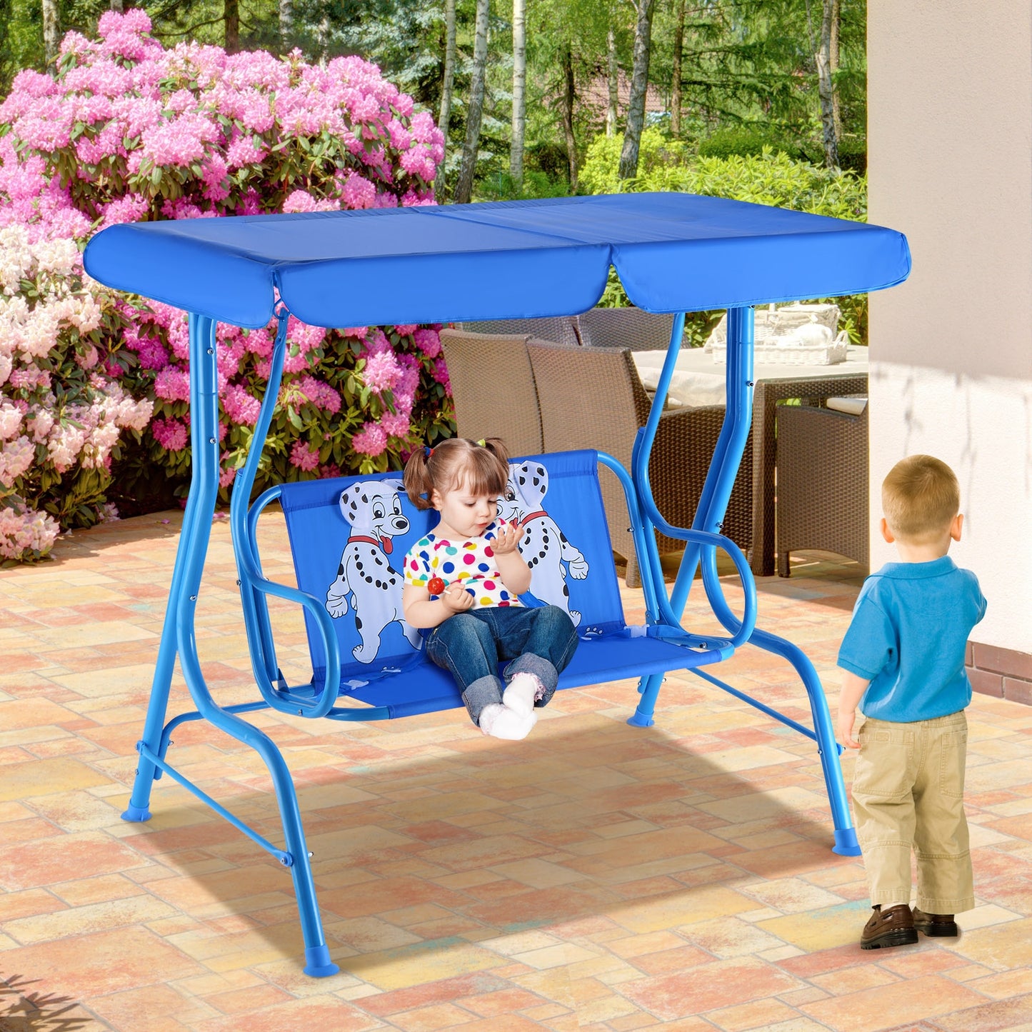 Outdoor Kids Swing Bench with Adjustable Canopy - 2 Seats