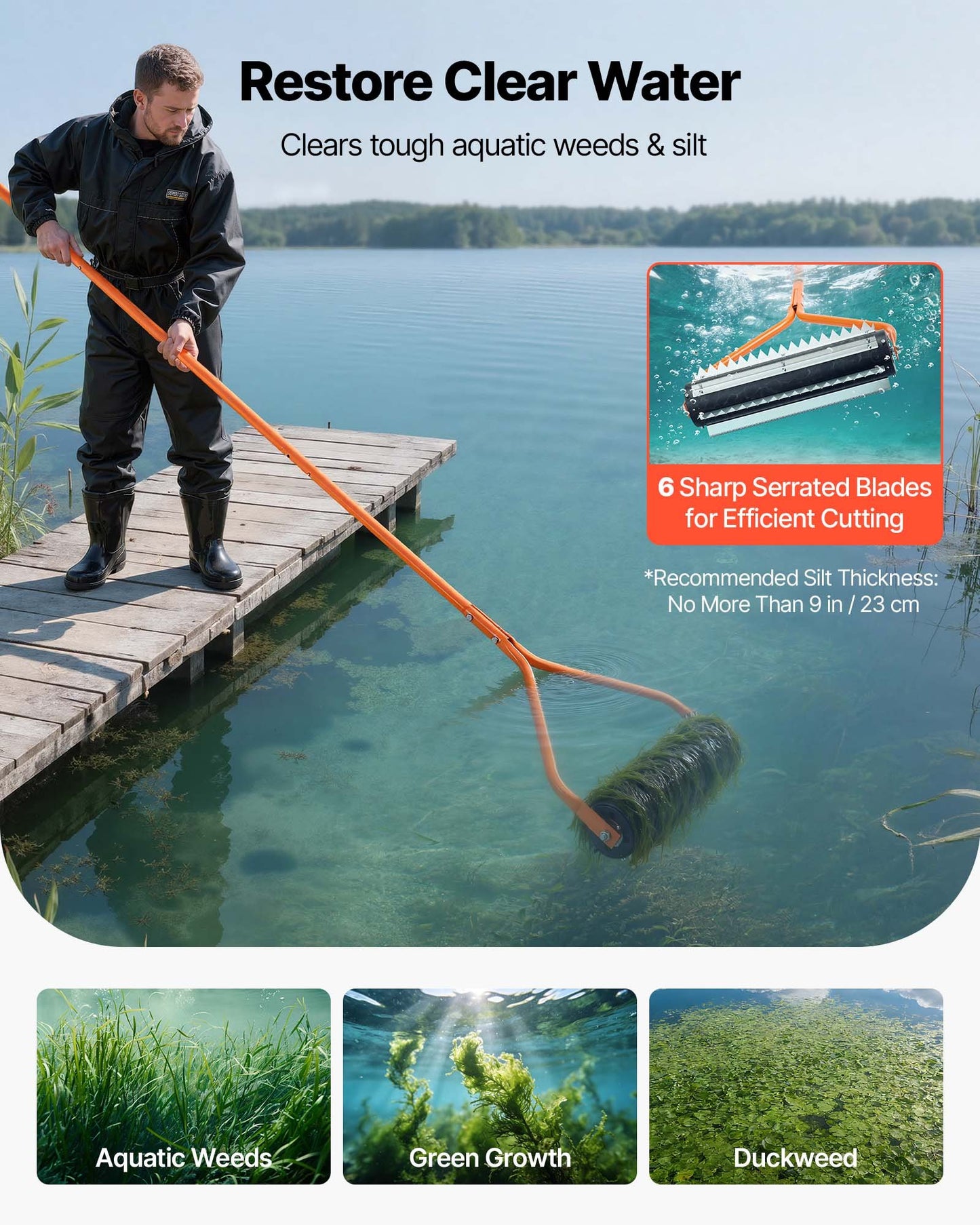 Lake Weed Roller with Stainless Steel Blades & Adjustable Aluminum Handle - Pond & Lake Weed Removal Tool