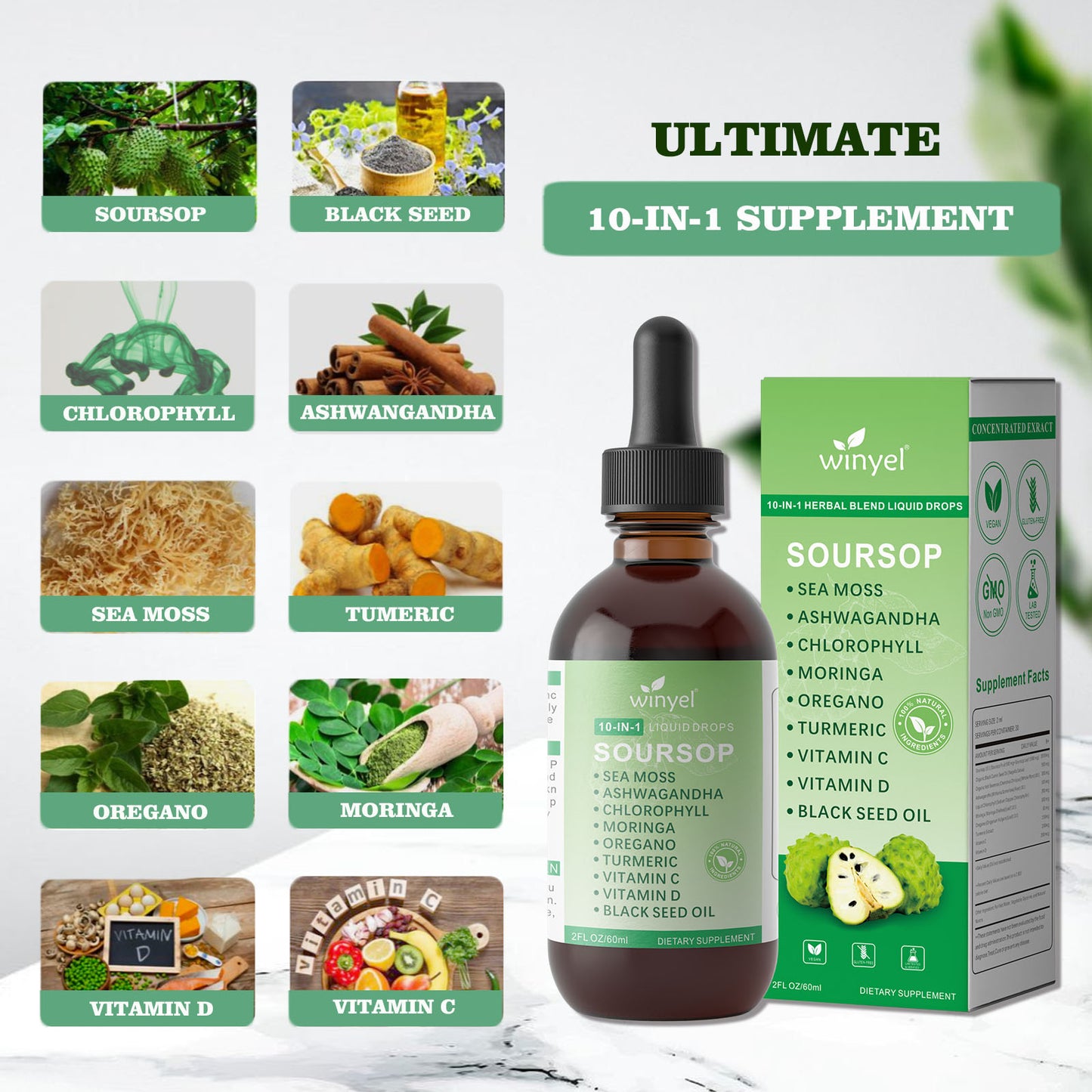 Soursop 10-in-1 Herbal Liquid Drops - Moringa, Seaweed & Ashwagandha Blend