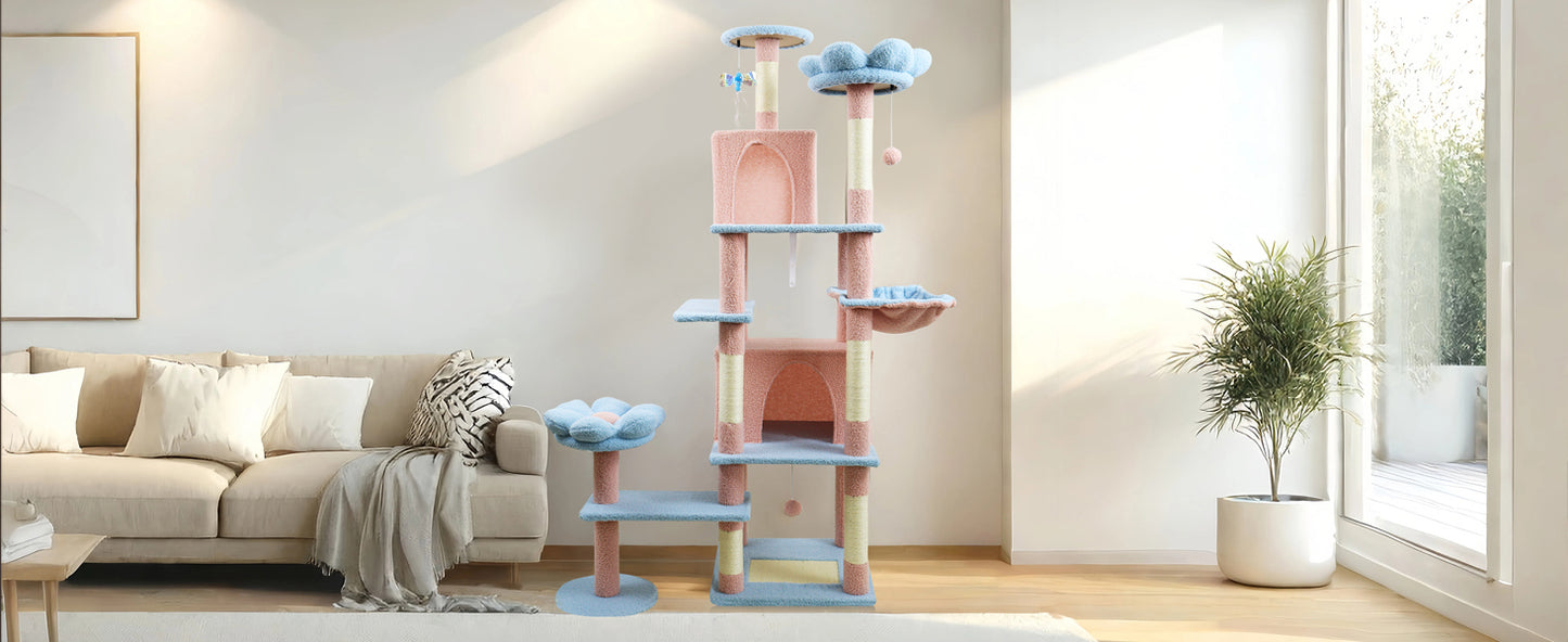 71-Inch Cat Tree with Large Condo, Removable Flower Cushion & Hammock - Blue