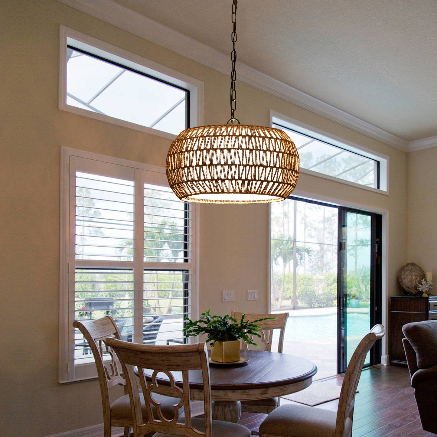 18-Inch Farmhouse Pendant Light with Adjustable Height - Boho Woven Jute Rope Ceiling Fixture, E26 Base