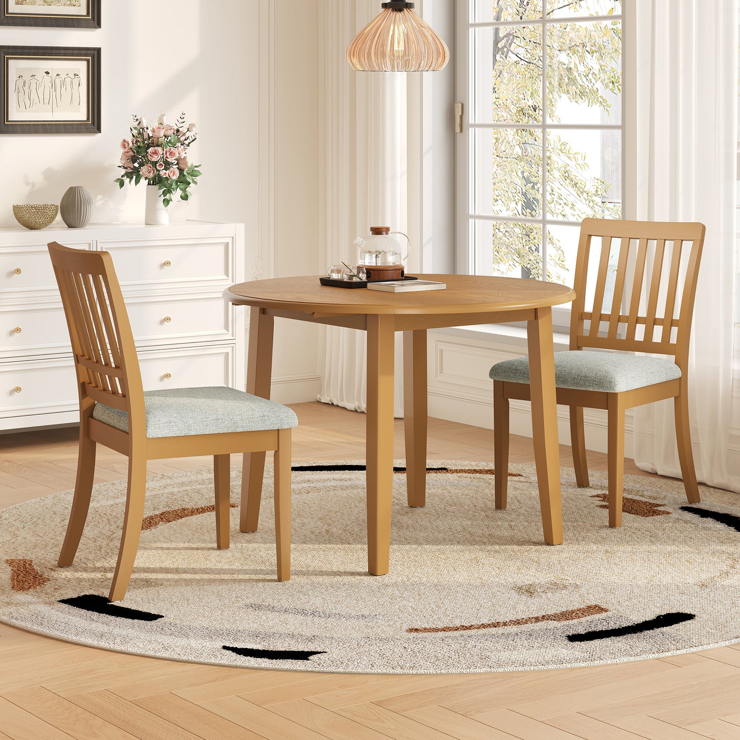 3-Piece Round Dining Table Set For 2 People, 1 Folding Wood