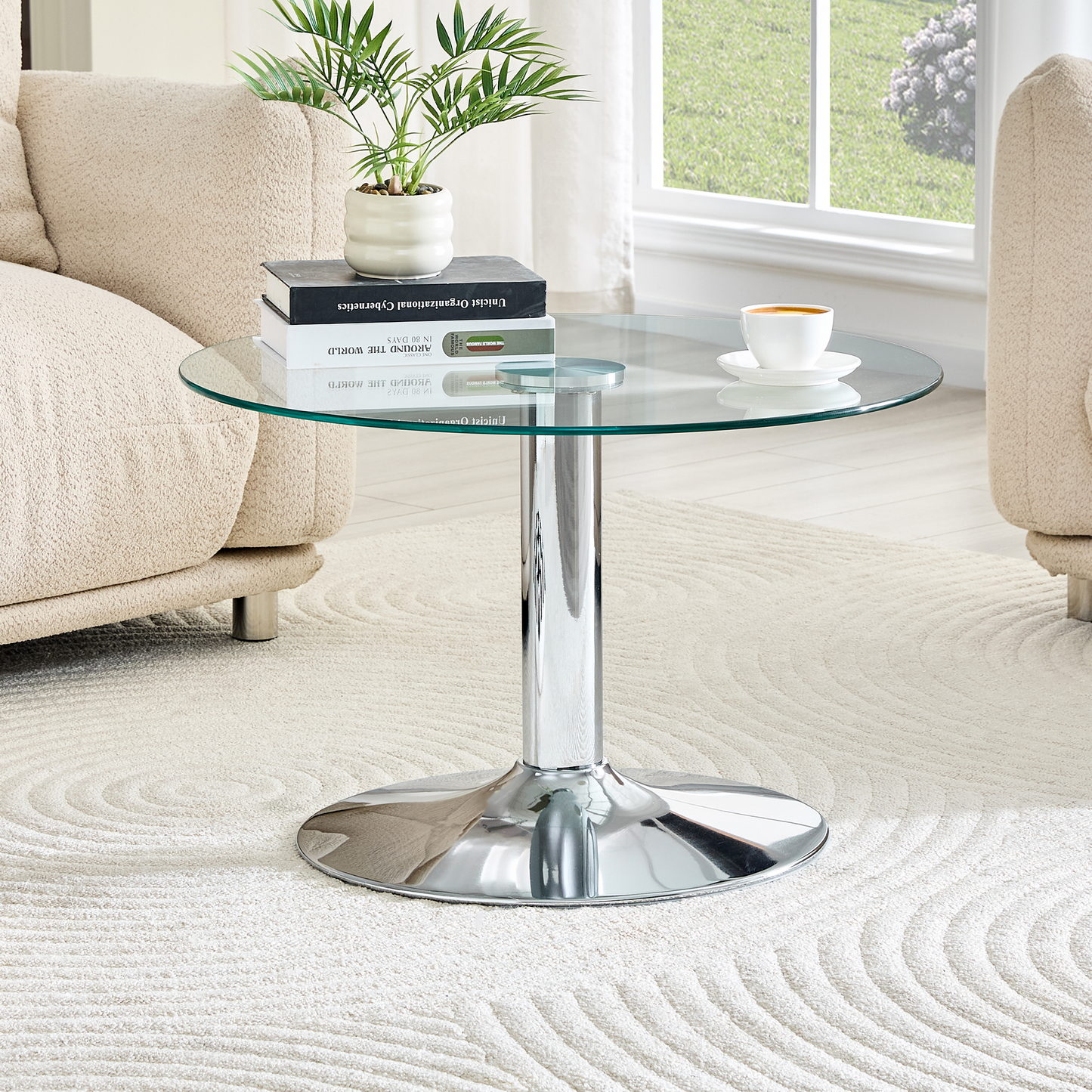 Round Tempered Glass Coffee Table - 27.5 Inch, Silver Base