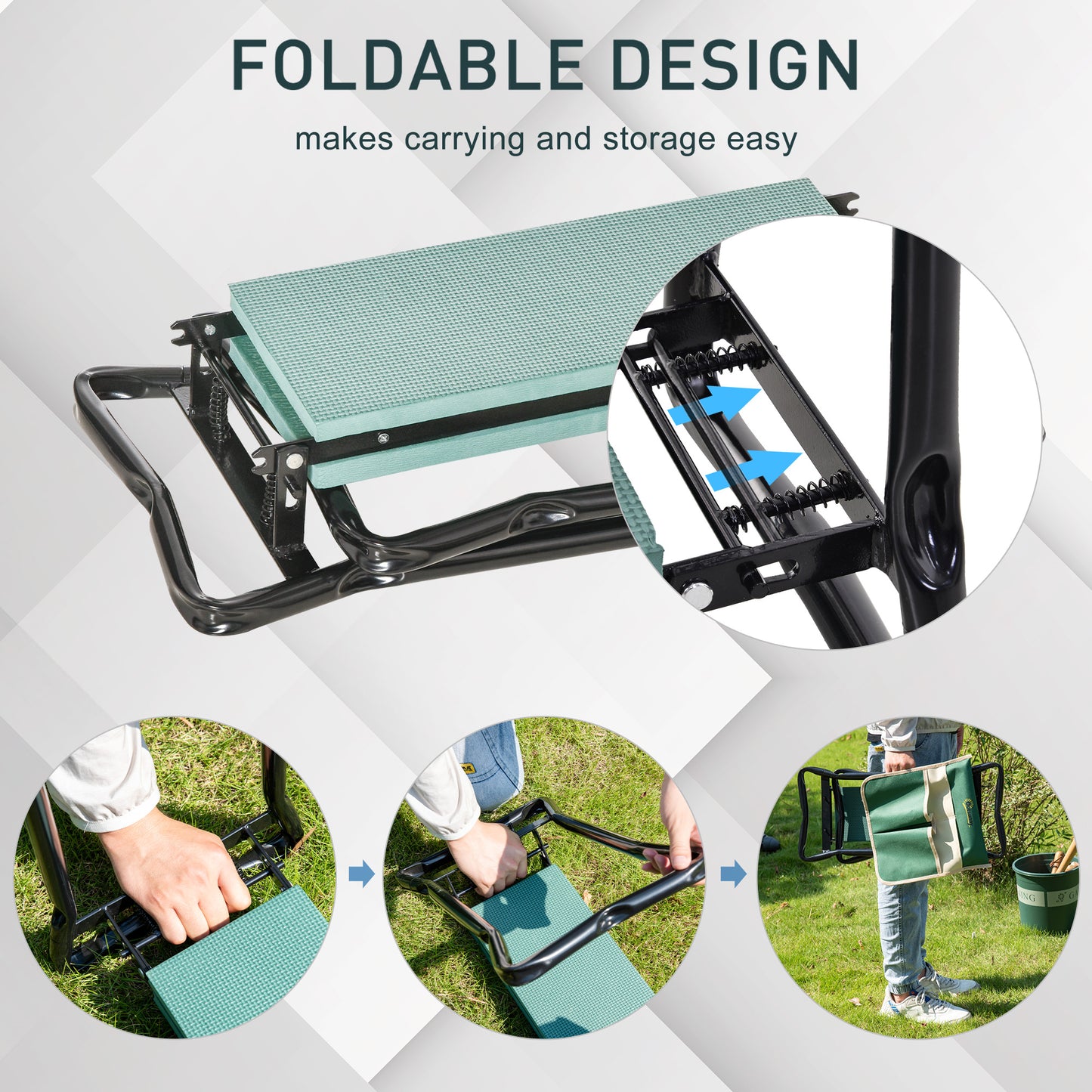 Garden Kneeler Seat Stool with Tool Pouch - Folding Gardening Bench, Green