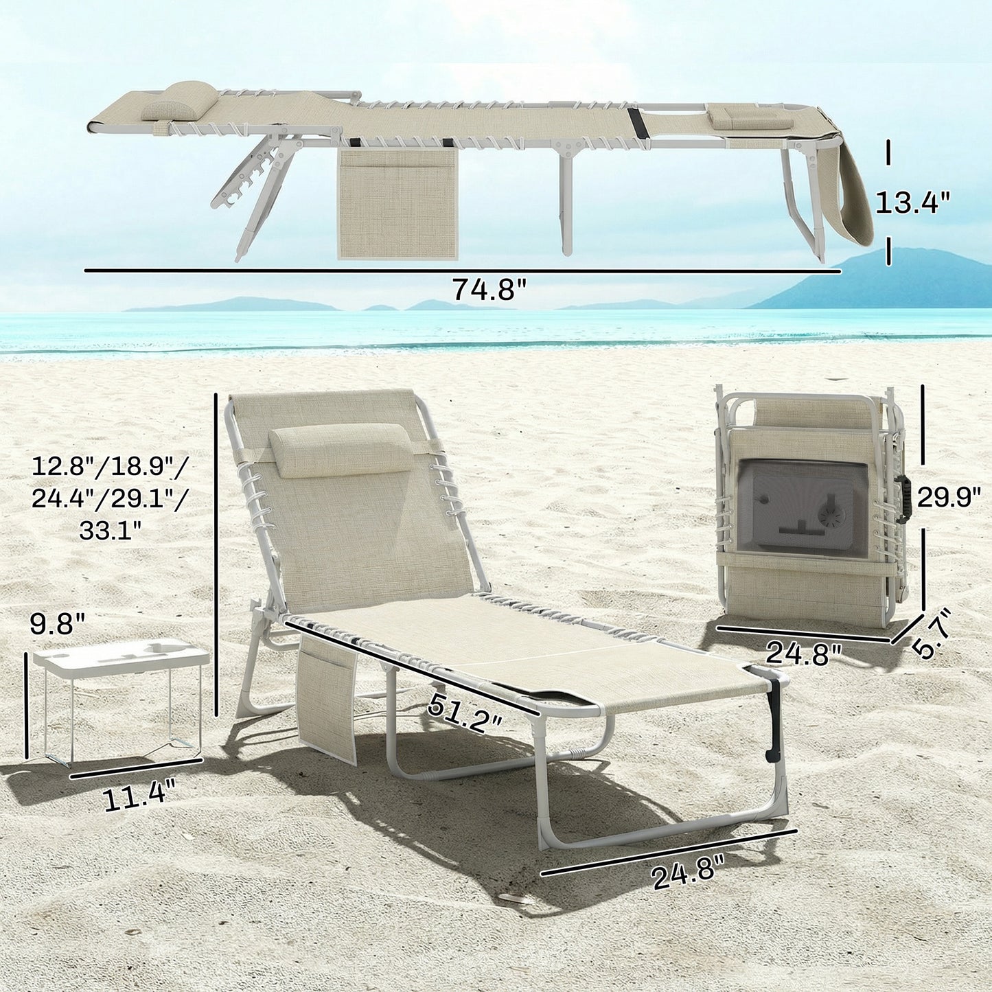 5-Position Folding Chaise Lounge Chair with Face Hole & Side Table - Beige