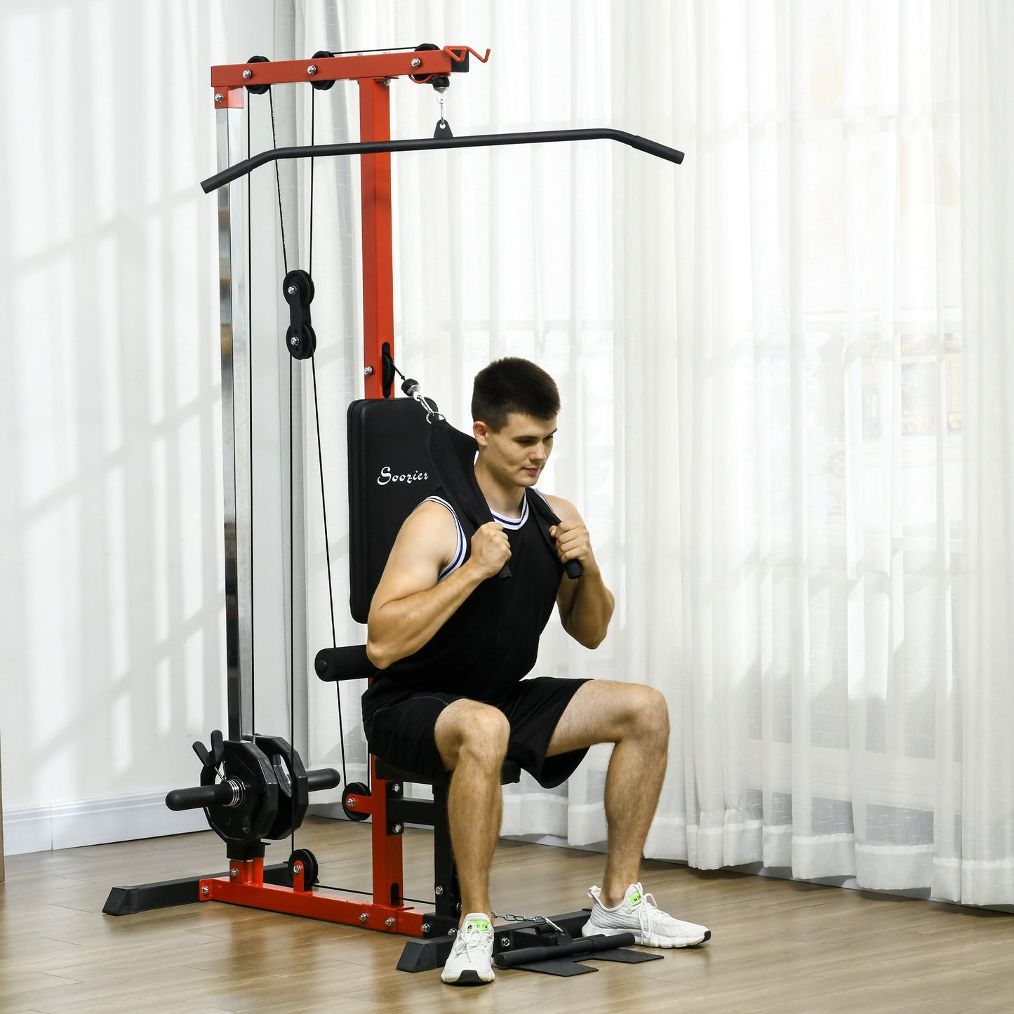 Lat Pulldown Machine with Adjustable Seat & Low Row Pulley - Red