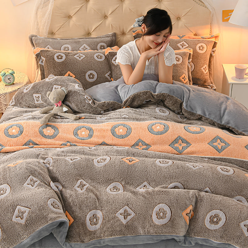 Coral Velvet Duvet Cover Set Double Sided Thick Bedding with Cartoon Patterns