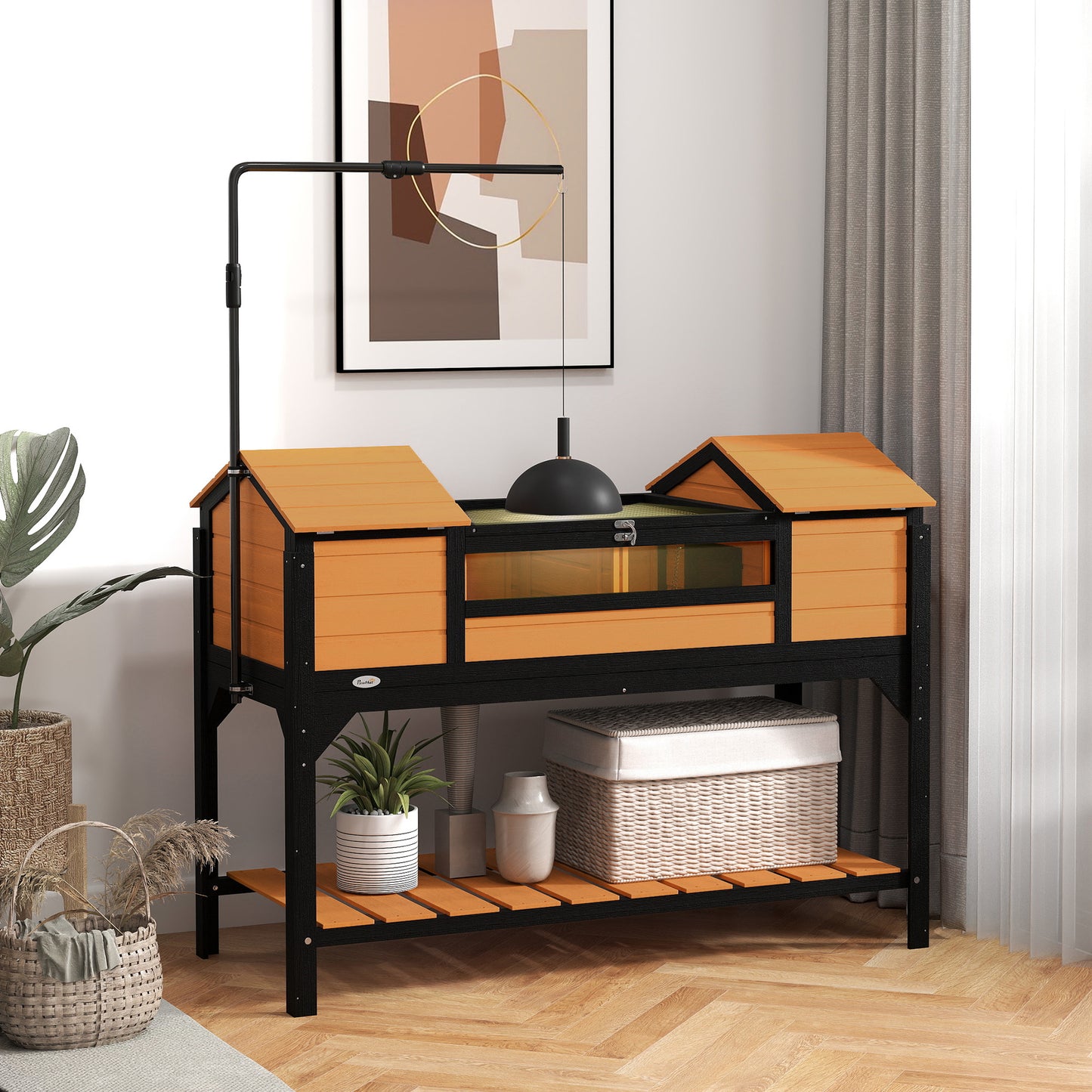 Pet Tortoise House with Adjustable Lamp Holder & Storage Shelf - Wooden Enclosure, Yellow