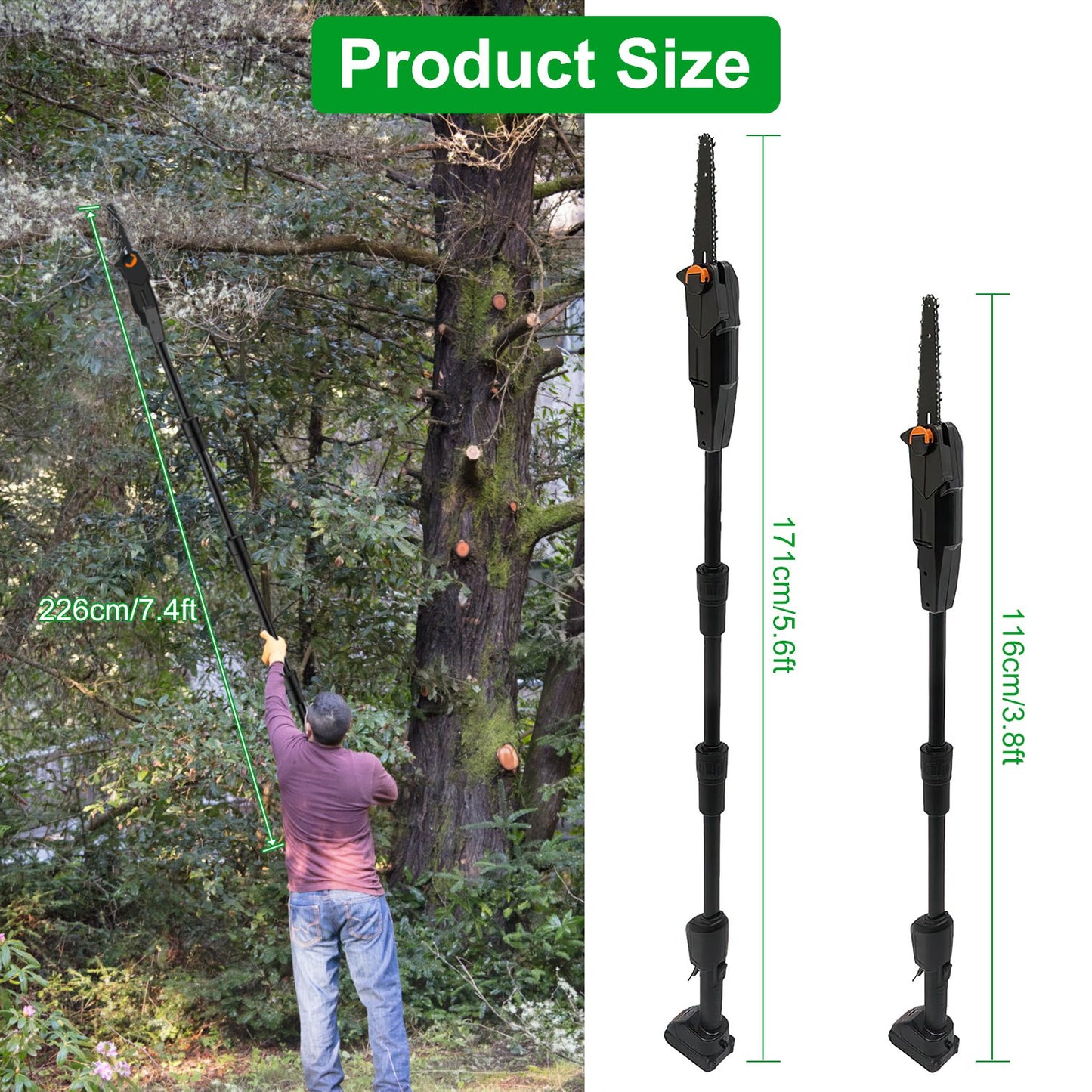 Cordless Pole Saw 7.4FT Extendable Garden Tree Trimmer with Batteries & Charger