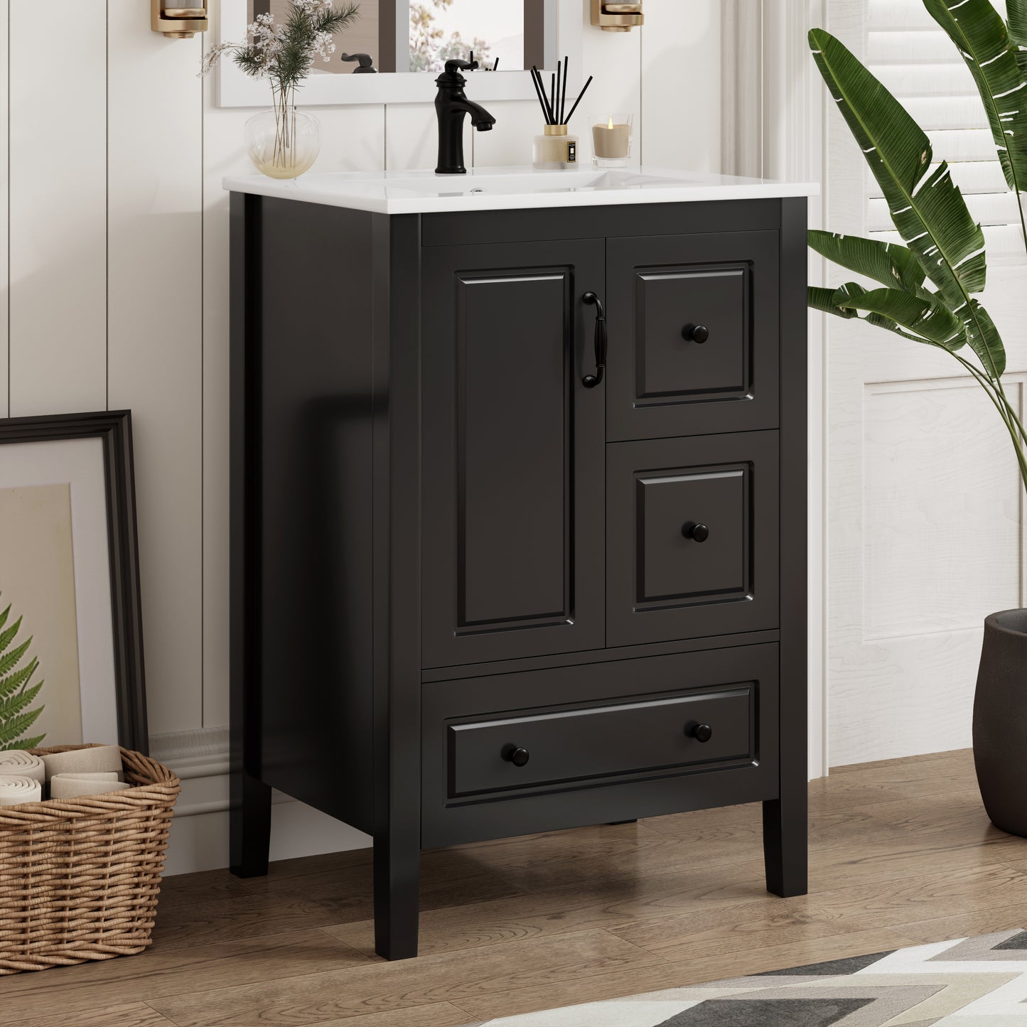 24 Inch Bathroom Vanity with Sink & Soft-Closing Drawers - Black