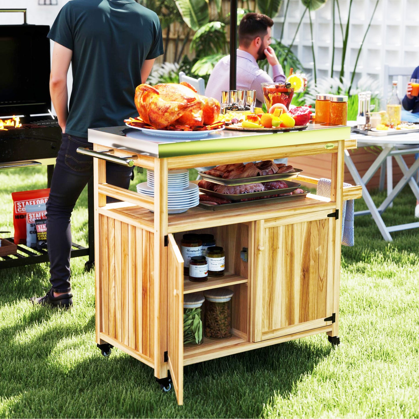Outdoor Grill Cart with Stainless Steel Top & Storage Cabinets