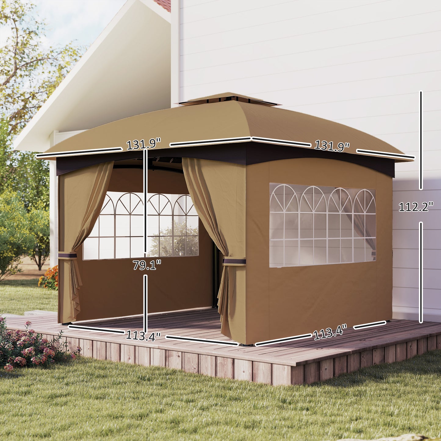 Outdoor Gazebo with Curtains & Church Windows - Beige