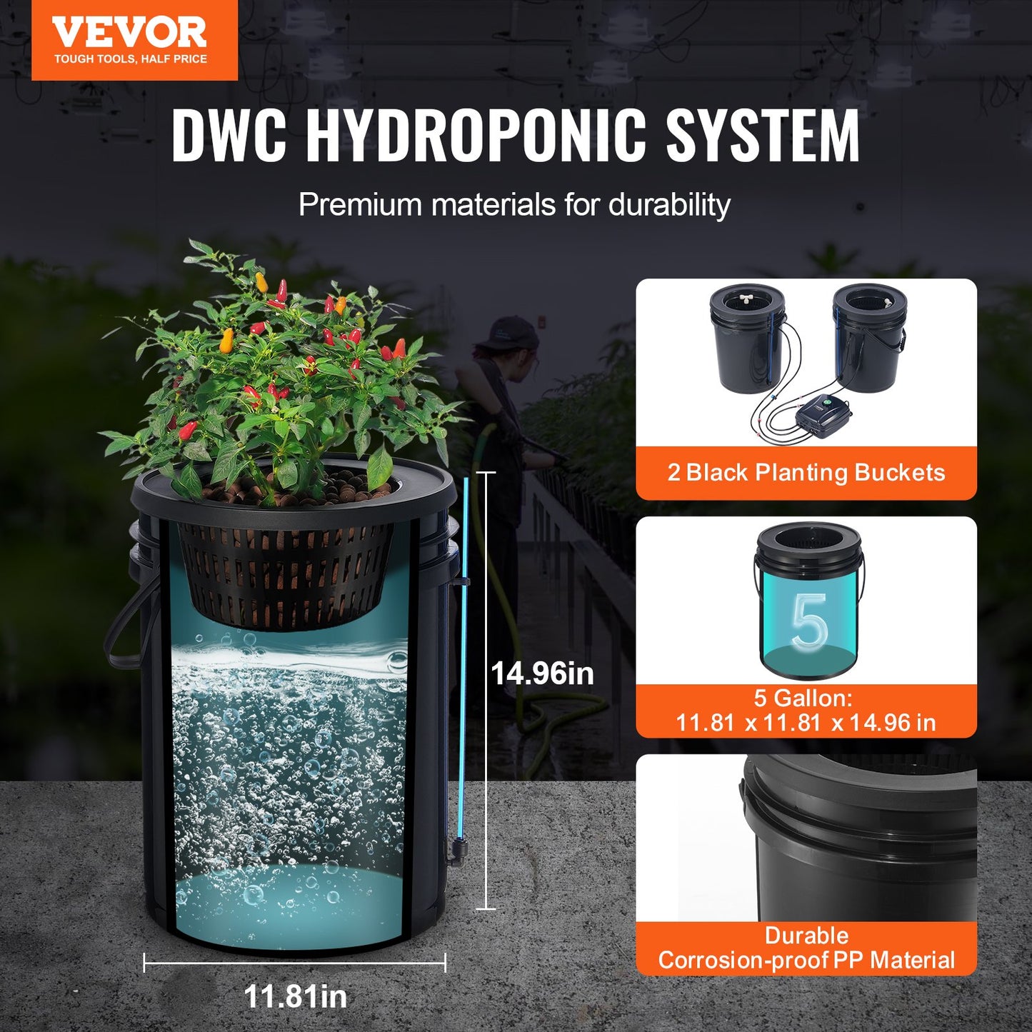 Hydroponic Grow System with 5-Gallon Buckets, Air Pump & Drip Kit - Black
