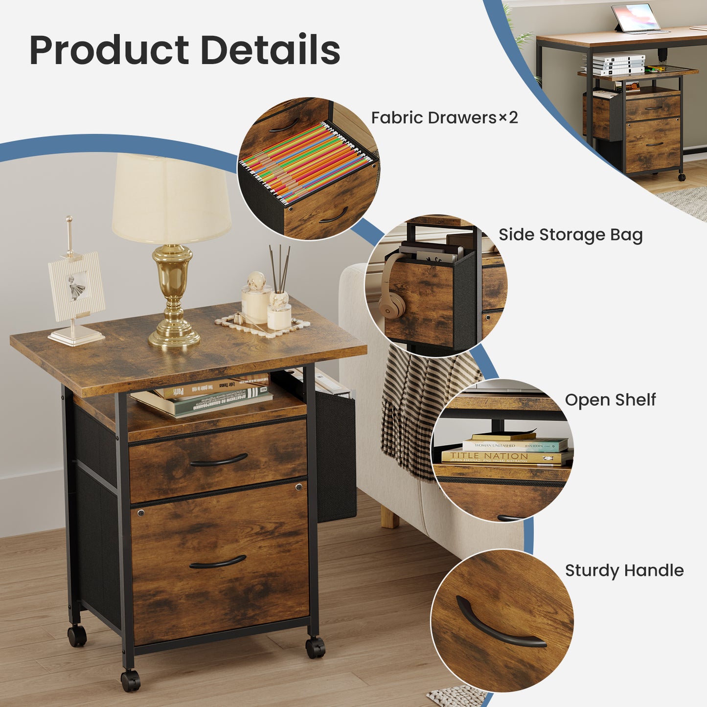 Rollable Filing Cabinet, Equipped With Drawers And Storage Shelves,
