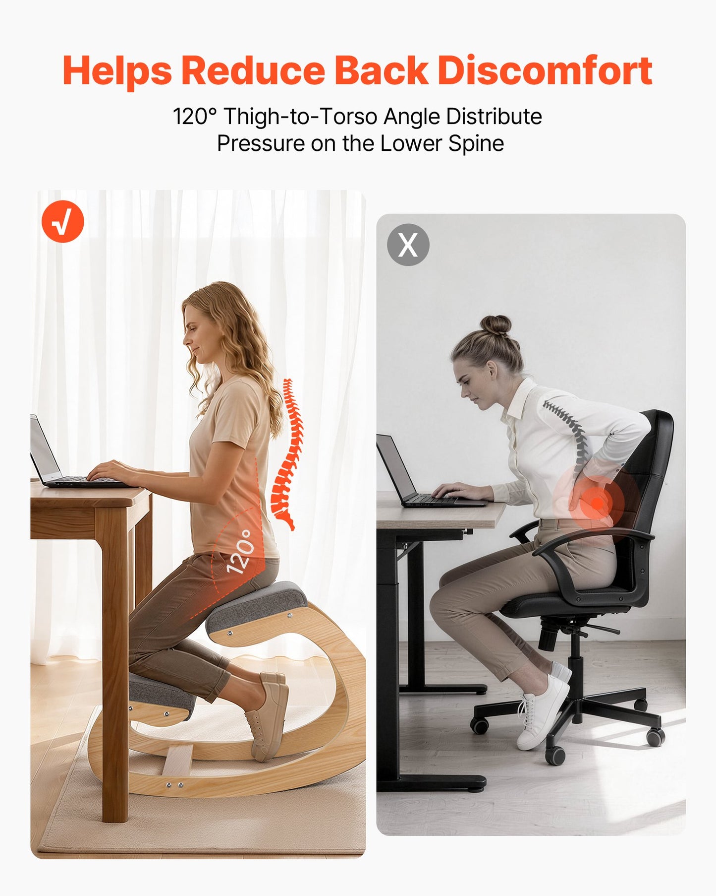 Ergonomic Kneeling Chair with Wooden Frame & Thick Foam Cushions - Adjustable Height for Posture & Back Pain Relief, Gray