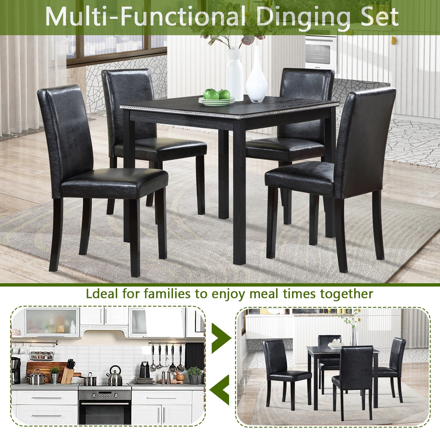 5-Piece Black Wooden Dining Table Set with Upholstered Chairs