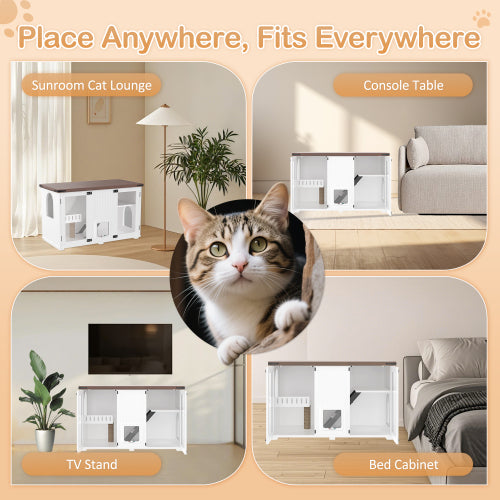 Large Cat Litter Box Enclosure with LED Light and Stairs - White