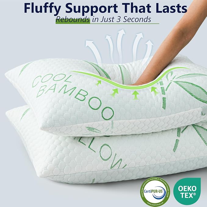 King Size Bamboo Rayon Shredded Memory Foam Pillows - Adjustable Soft & Firm, Washable Cover, Pack of 2 & 4