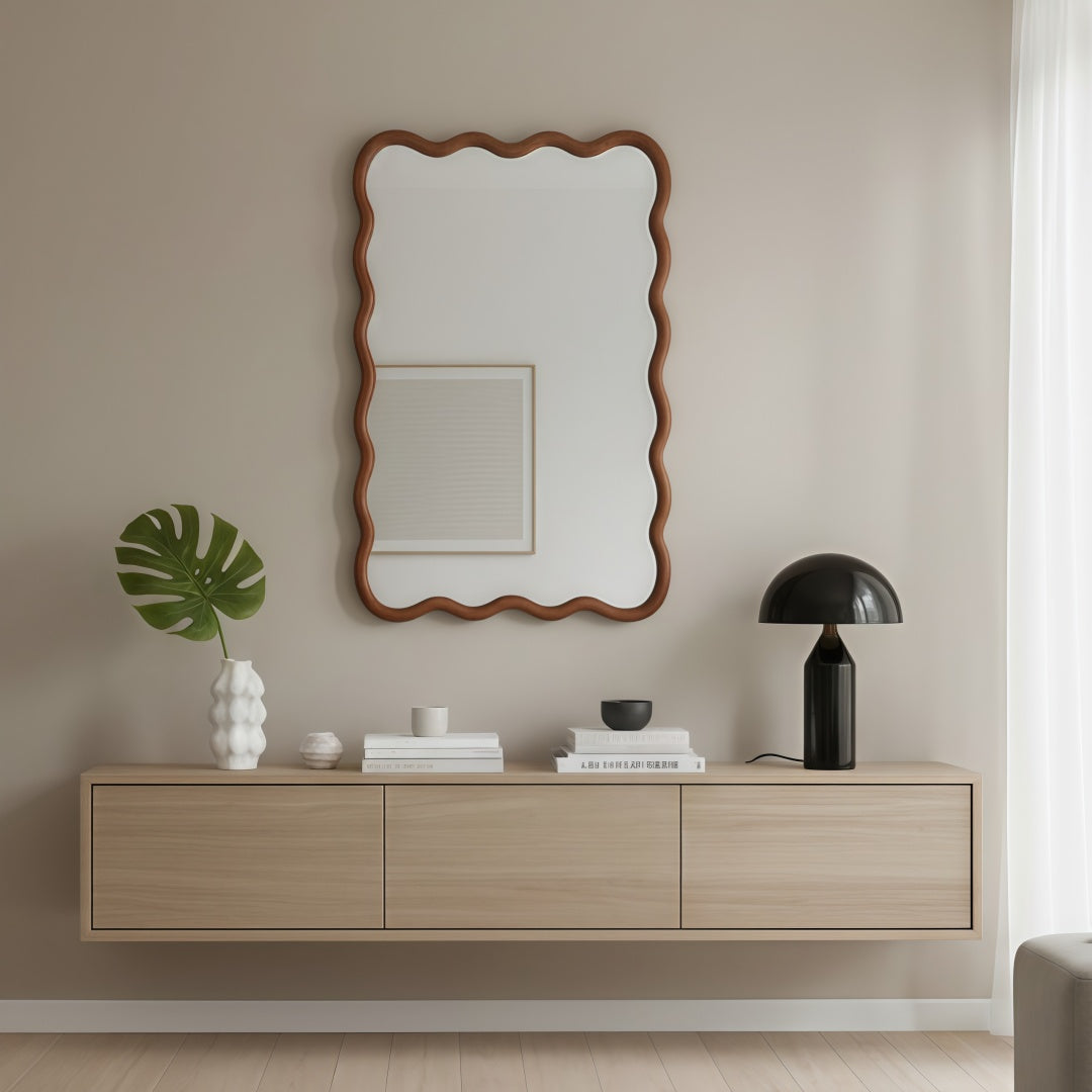Wavy Rectangle Solid Wood Frame Decorative Mirror - Yellowish Brown 20x30