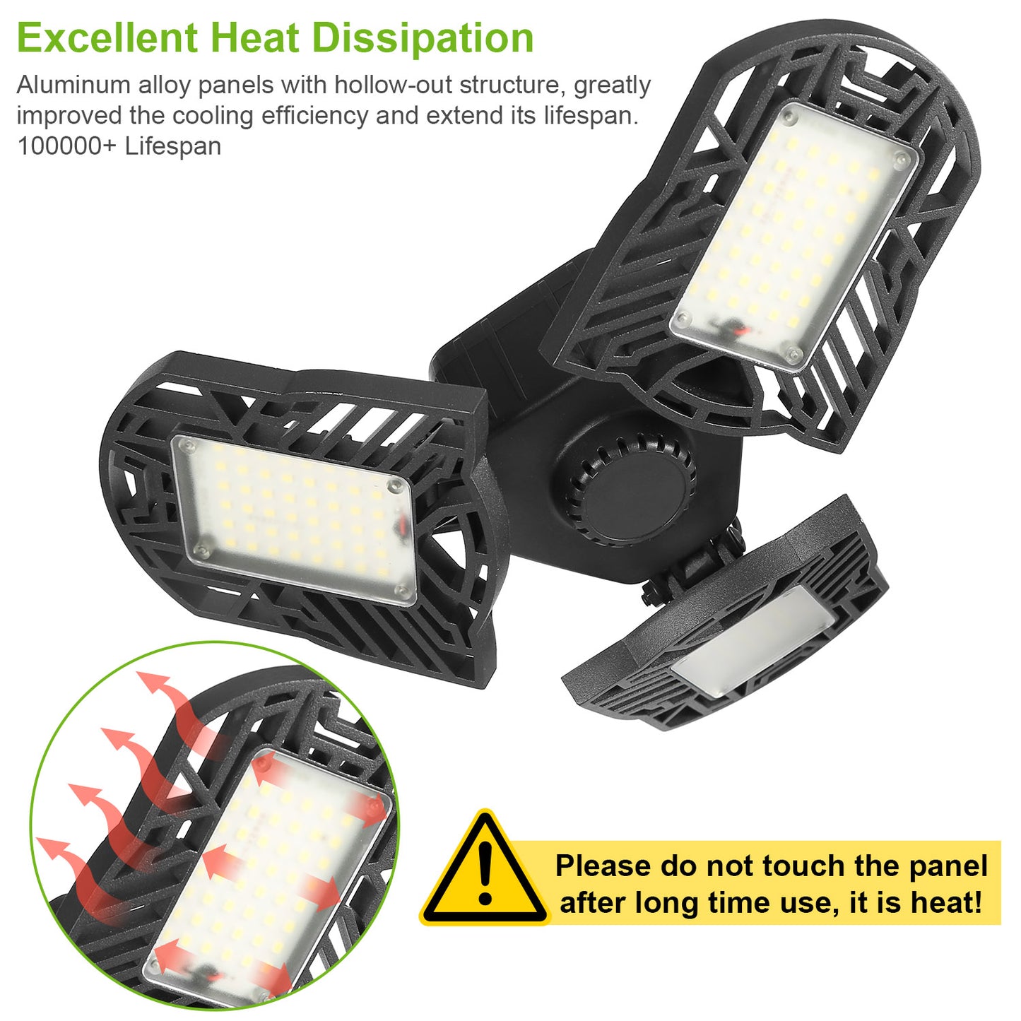 80W LED Garage Ceiling Light with 7000LM & 3 Adjustable Panels - E26/E27 Deformable Workshop Lamp