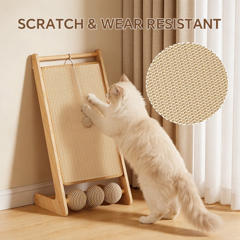 Vertical Sisal Cat Scratcher Post with Balls & Wooden Frame - Claw Care Toy